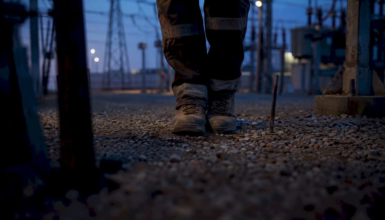 Worker shuffling feet together on industrial grounding soil