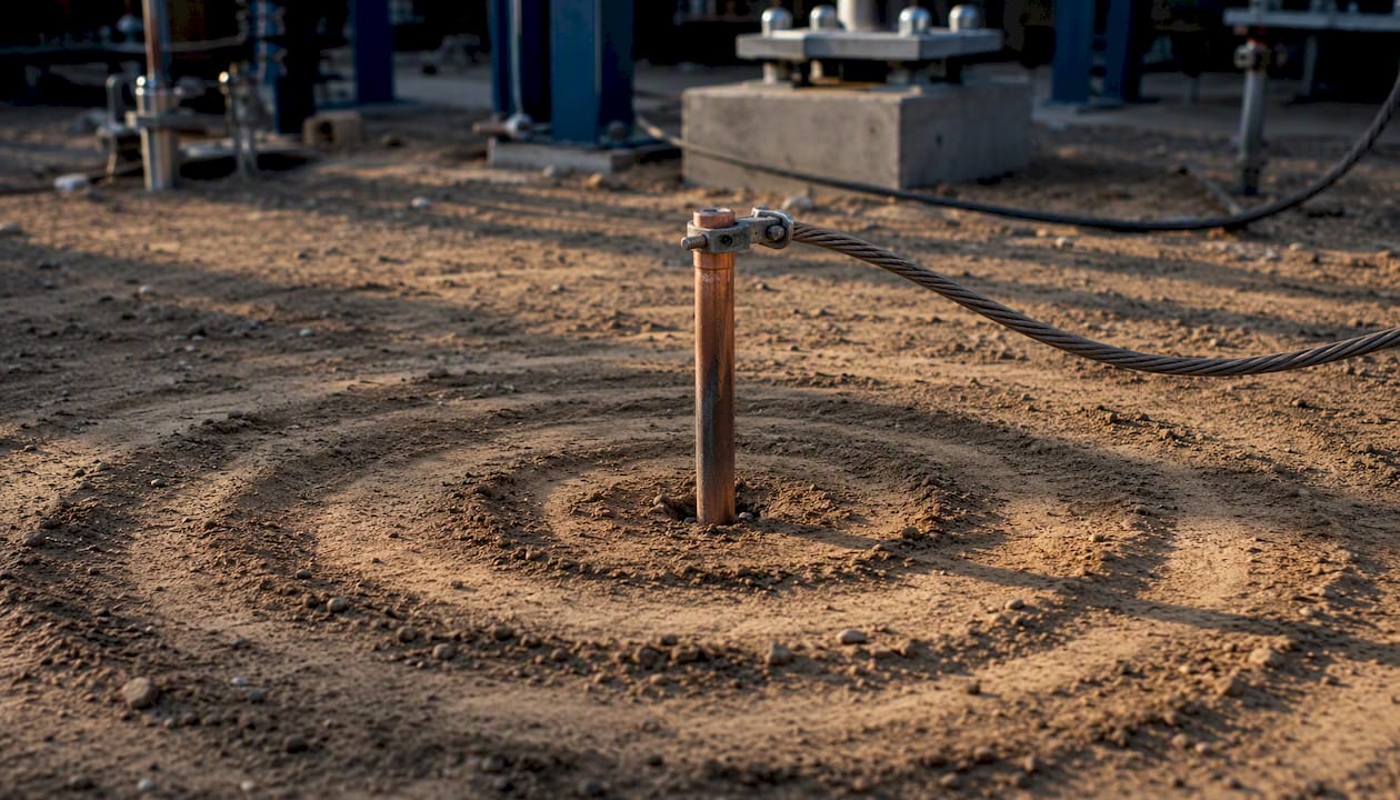 Rippling voltage zones around grounding rod in soil