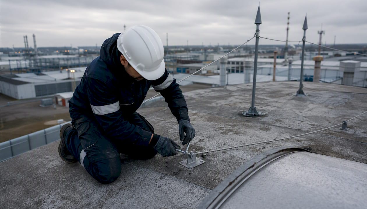 Des mains s'affairent à serrer le collier de mise à la terre lors de l'installation d'un système de protection contre la foudre.