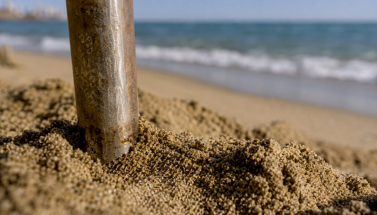 Close-up grounding rod in contact with soil