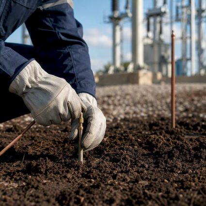 Electrician setting soil probe for earth resistance test