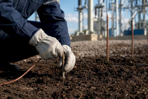 Electrician setting soil probe for earth resistance test