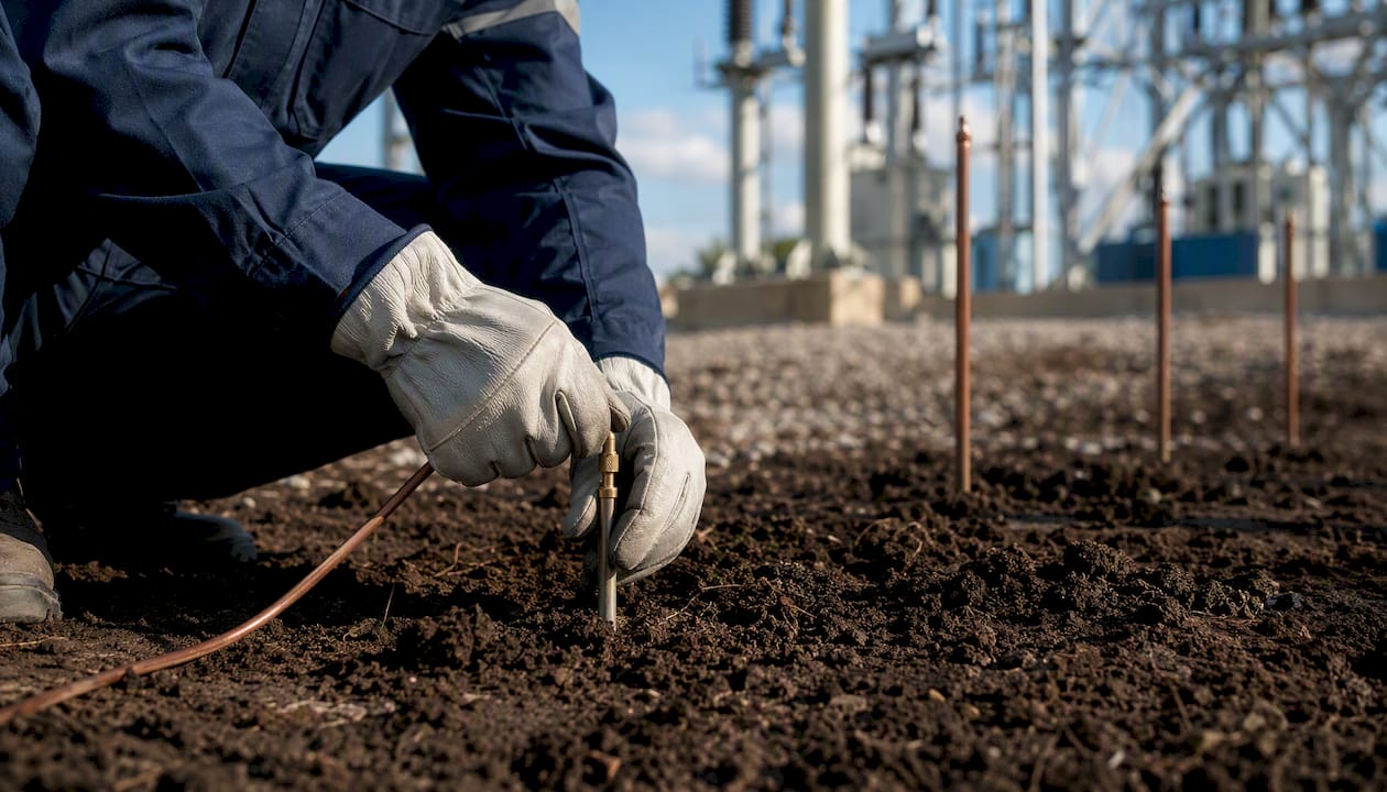 Electrician setting soil probe for earth resistance test