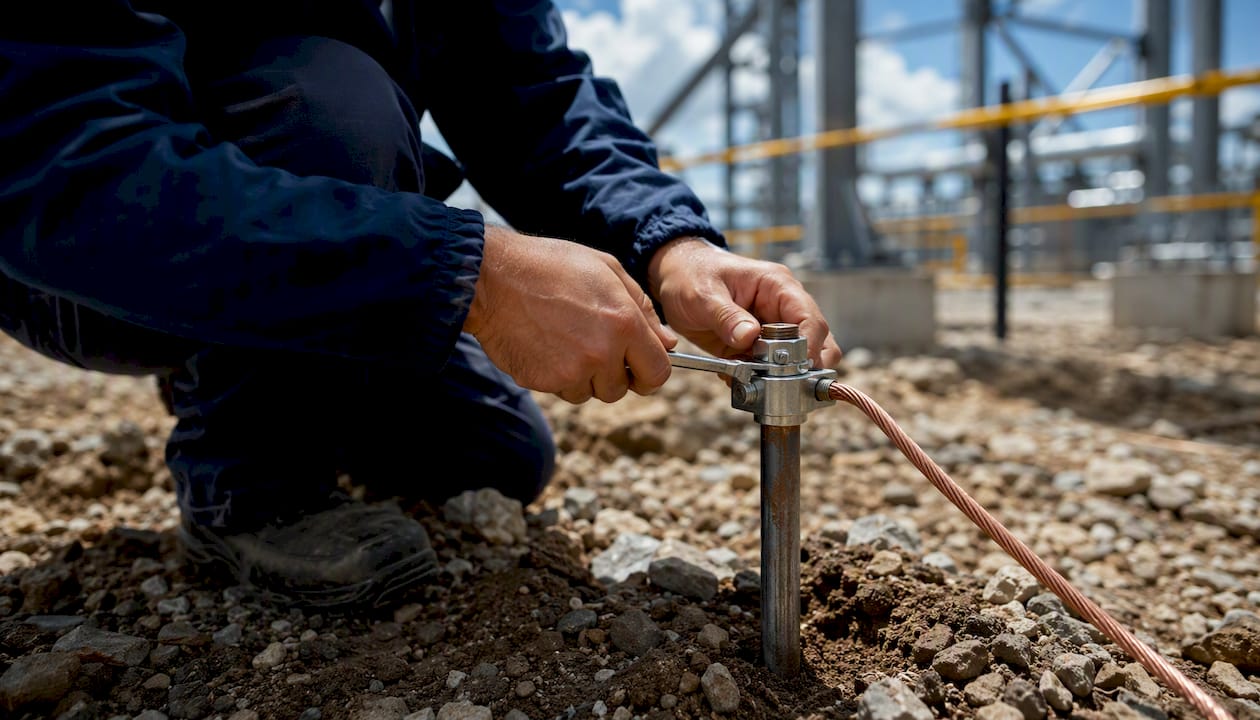 Hands tightening grounding clamp on electrode