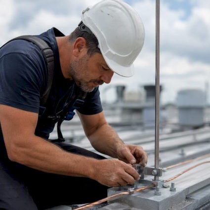 Un technicien procède à la pose d’un collier de paratonnerre sur le toit d’un bâtiment.