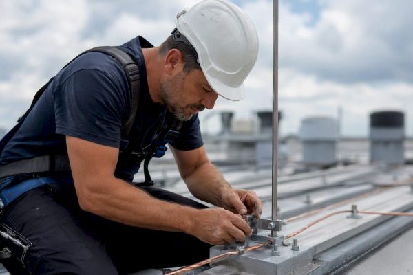 Un technicien procède à la pose d’un collier de paratonnerre sur le toit d’un bâtiment.