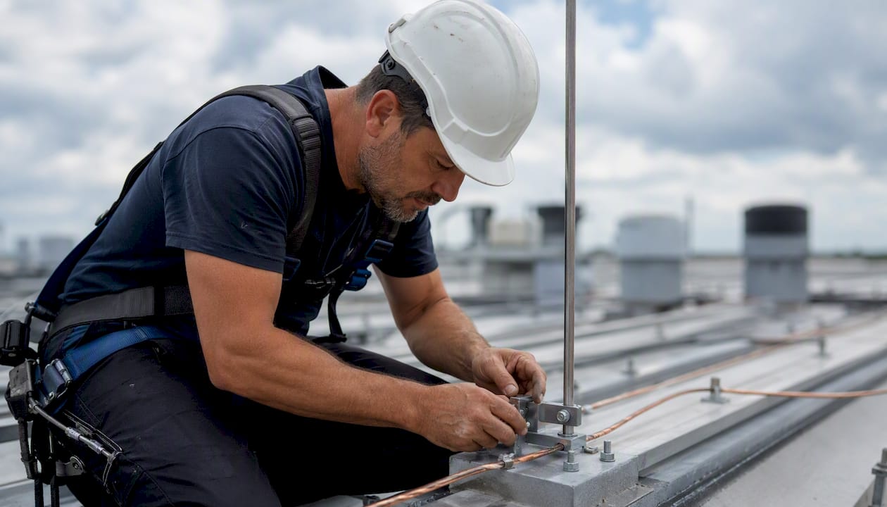 Un technicien procède à la pose d’un collier de paratonnerre sur le toit d’un bâtiment.