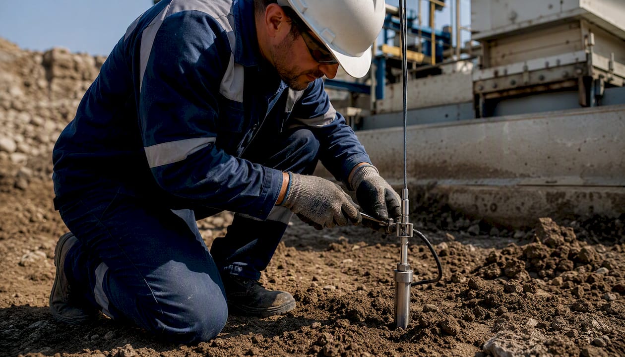 Technician attaching soil sensor for emissions measurement
