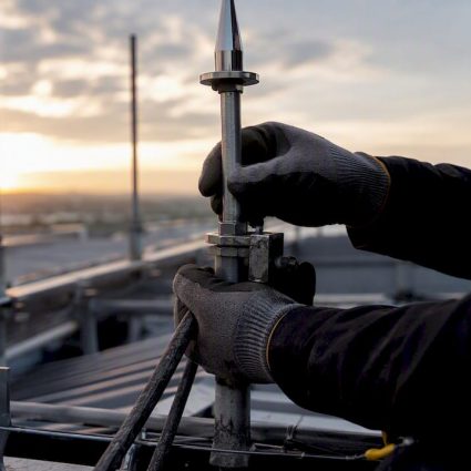 Un technicien procède à l’installation d’un paratonnerre.