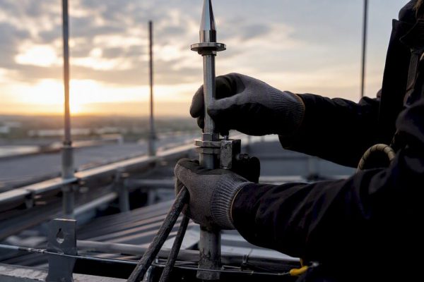 Un technicien procède à l’installation d’un paratonnerre.