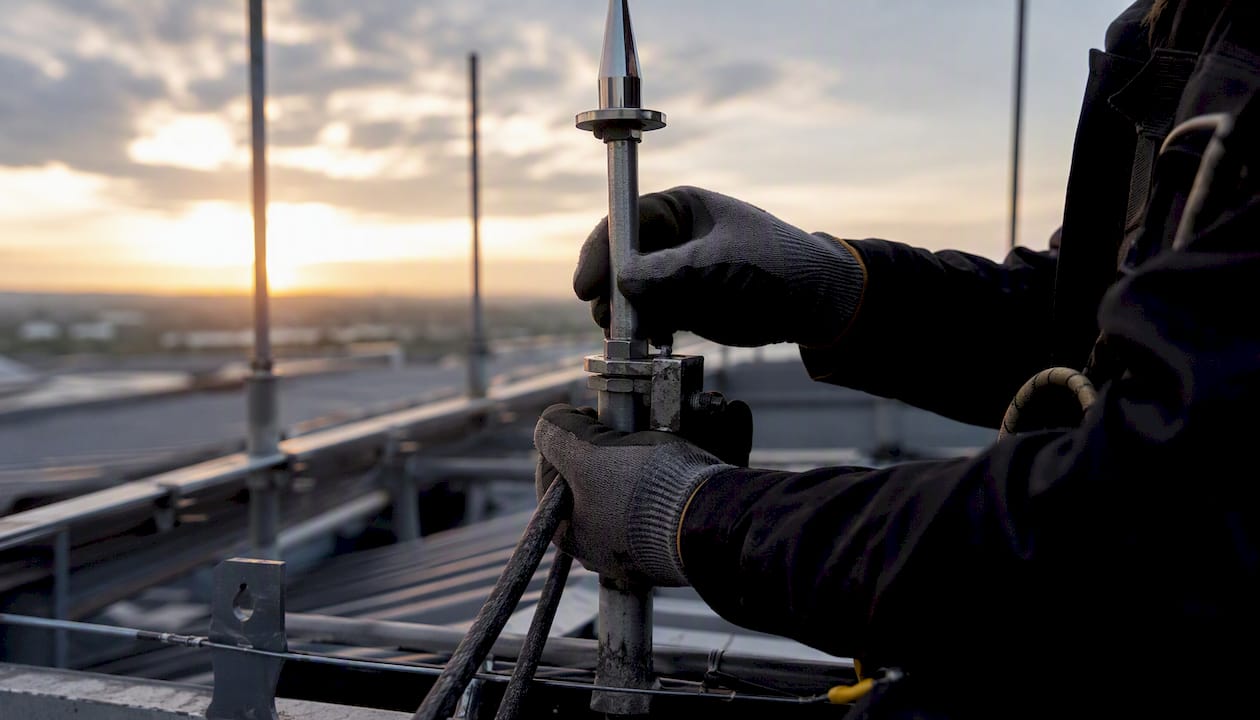 Un technicien procède à l’installation d’un paratonnerre.