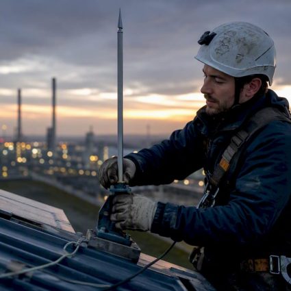 Technician installing lightning protection rod