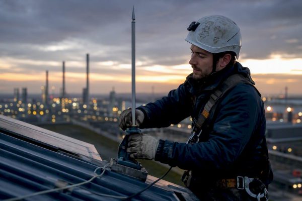 Technician installing lightning protection rod