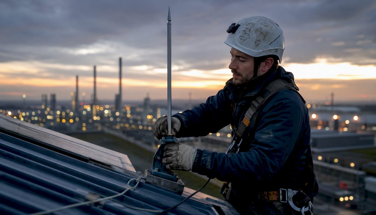 Technician installing lightning protection rod