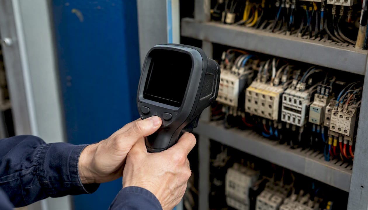 Des mains tiennent une caméra thermique pour effectuer un contrôle.