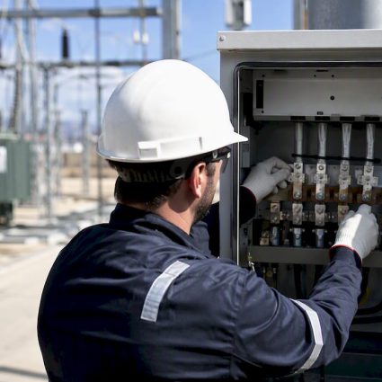 Un technicien procède au serrage d’un collier électrique en extérieur.