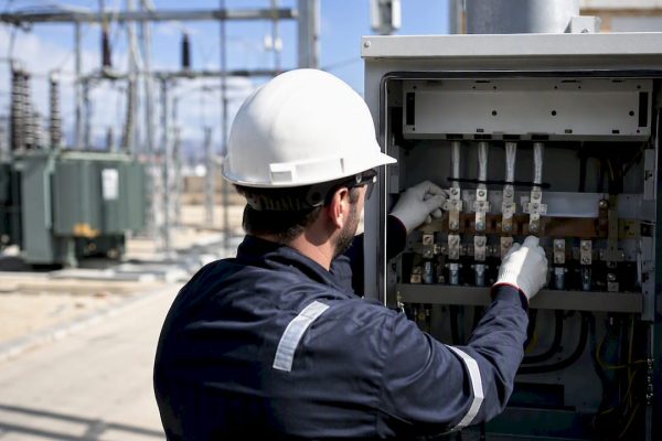 Un technicien procède au serrage d’un collier électrique en extérieur.