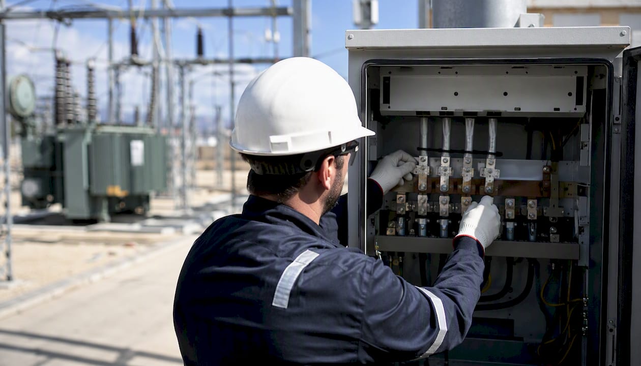 Un technicien procède au serrage d’un collier électrique en extérieur.