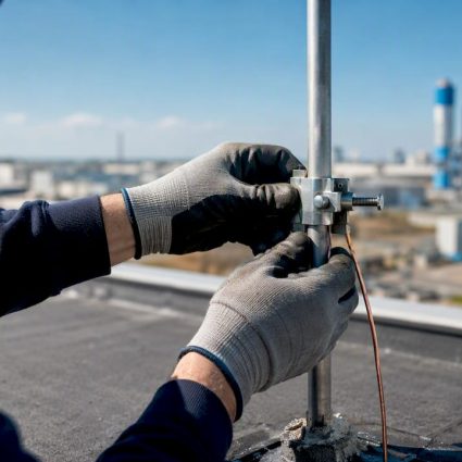 Technician installing down conductor clamp on rooftop