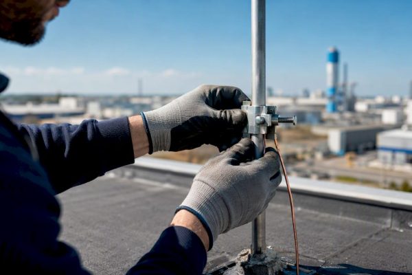 Technician installing down conductor clamp on rooftop