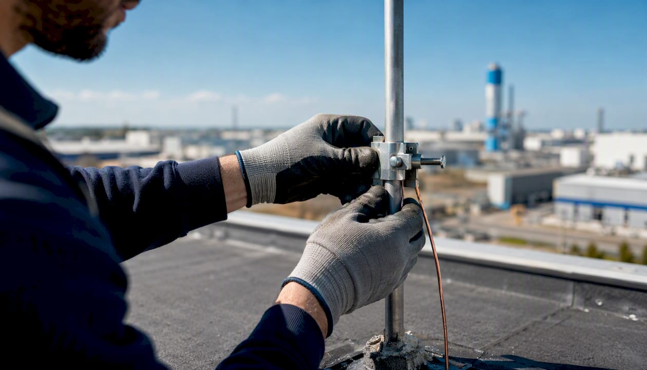 Technician installing down conductor clamp on rooftop