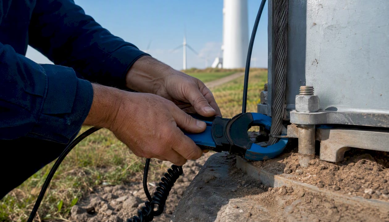 Hands using clamp-on ground resistance tester