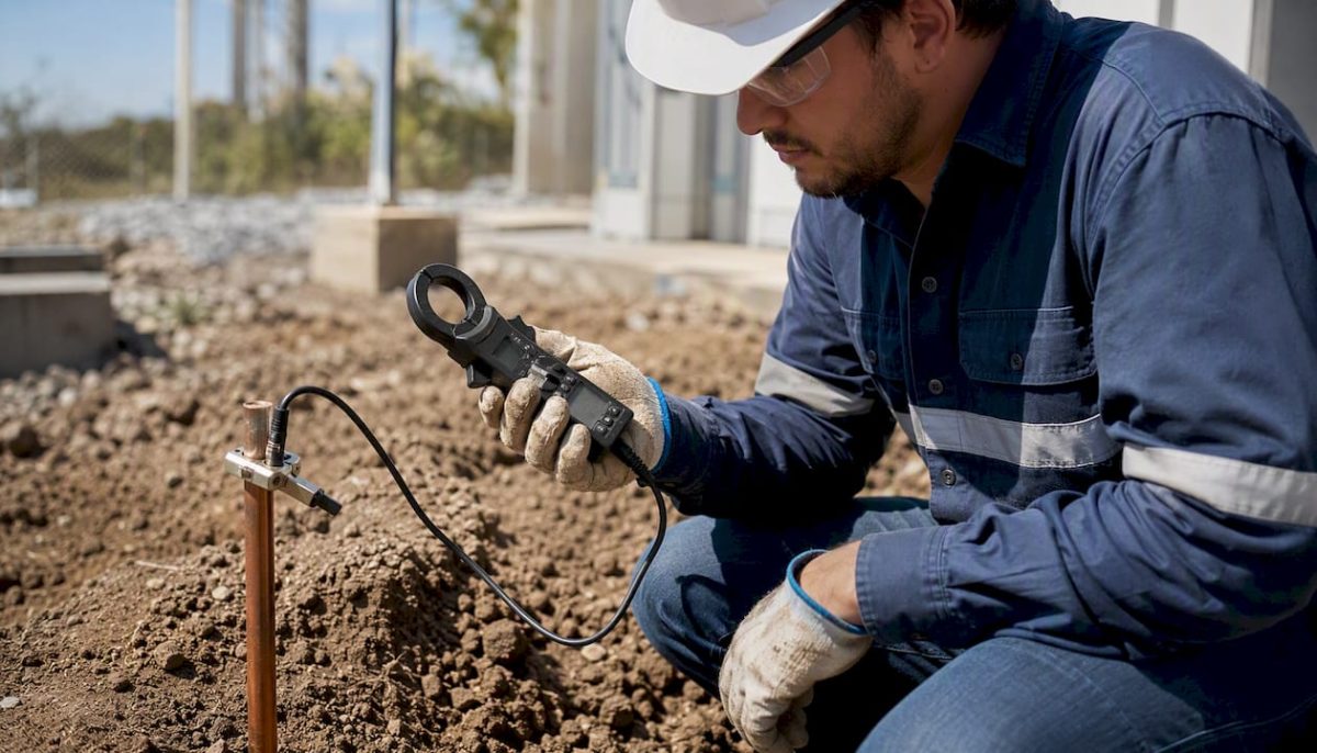 Technician measuring ground resistance on electrode