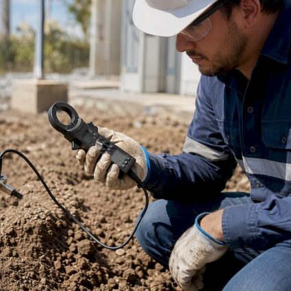Technician measuring ground resistance on electrode
