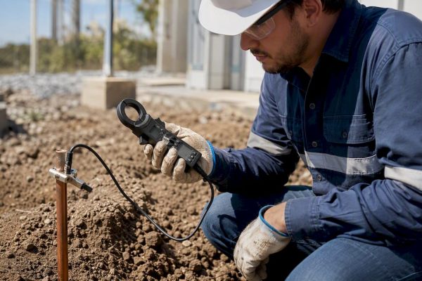 Technician measuring ground resistance on electrode