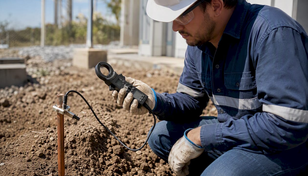 Technician measuring ground resistance on electrode