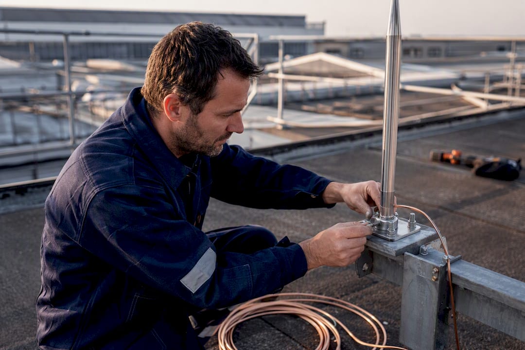 Technician installing lightning rod on rooftop