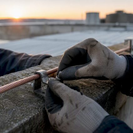 Un technicien procède à la pose d’un câble conducteur sur le toit d’un immeuble.