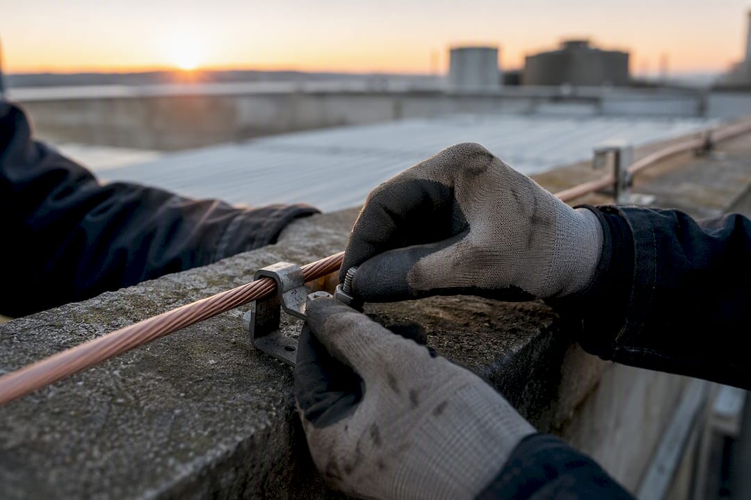 Un technicien procède à la pose d’un câble conducteur sur le toit d’un immeuble.