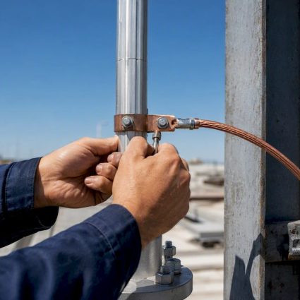 Electrician securing bonding conductor to steel near air terminal