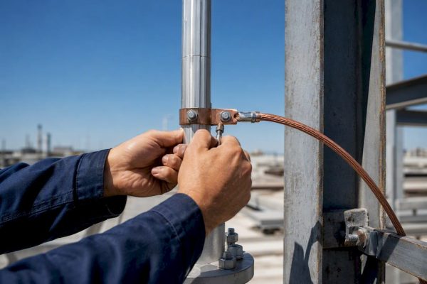 Electrician securing bonding conductor to steel near air terminal