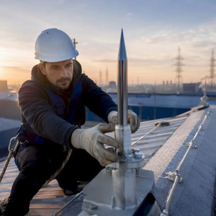 Technician installing lightning rod on industrial rooftop