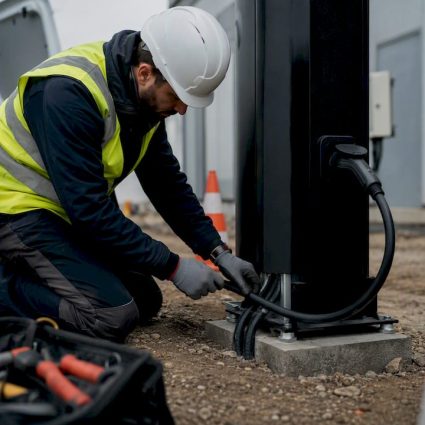 Technicien installant une borne de recharge pour véhicule électrique