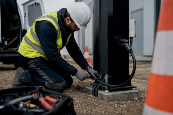 Technicien installant une borne de recharge pour véhicule électrique