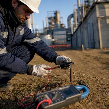 Technician testing grounding rod on site