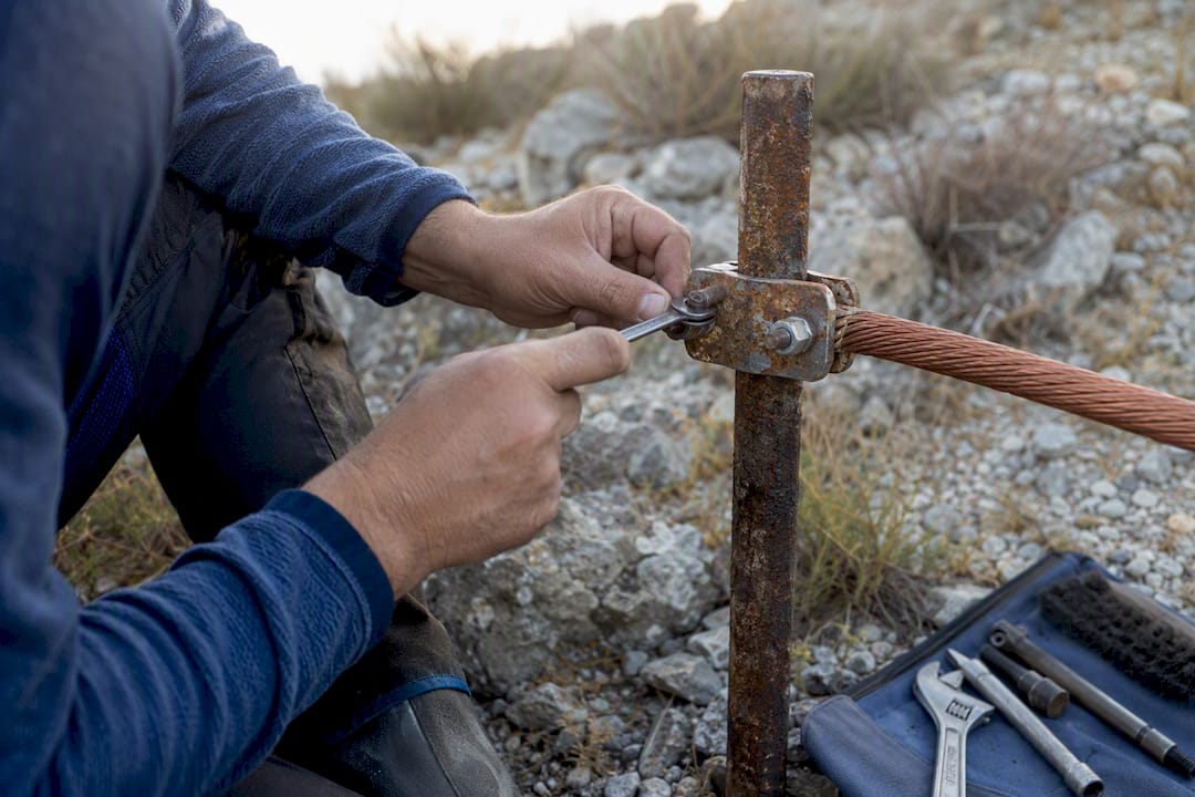 Hands repairing corroded grounding clamp outdoors