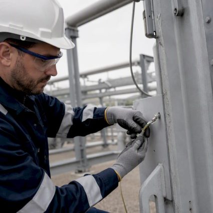 Technicien raccordant une pince de mise à terre sur une structure métallique industrielle