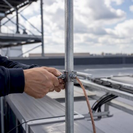 Électricien serrant une pince de mise à la terre sur un toit