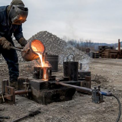 Pouring molten aluminothermic weld metal