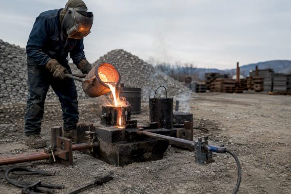 Pouring molten aluminothermic weld metal