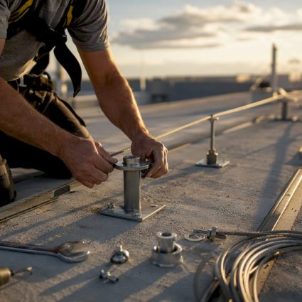 Technicien installant une ligne de vie sur un toit industriel