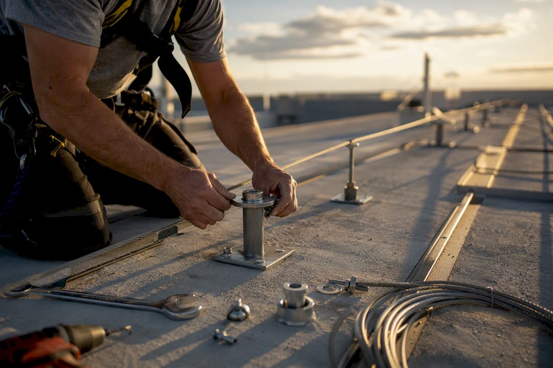 Technicien installant une ligne de vie sur un toit industriel