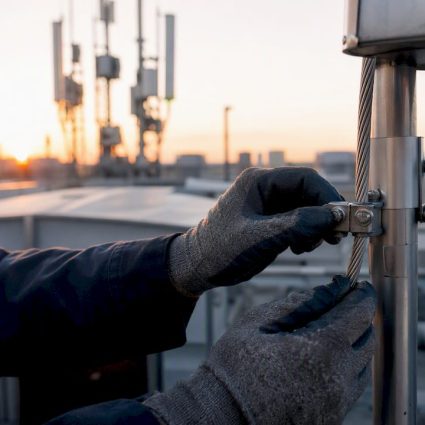 Technician installing surge protector clamp on rooftop
