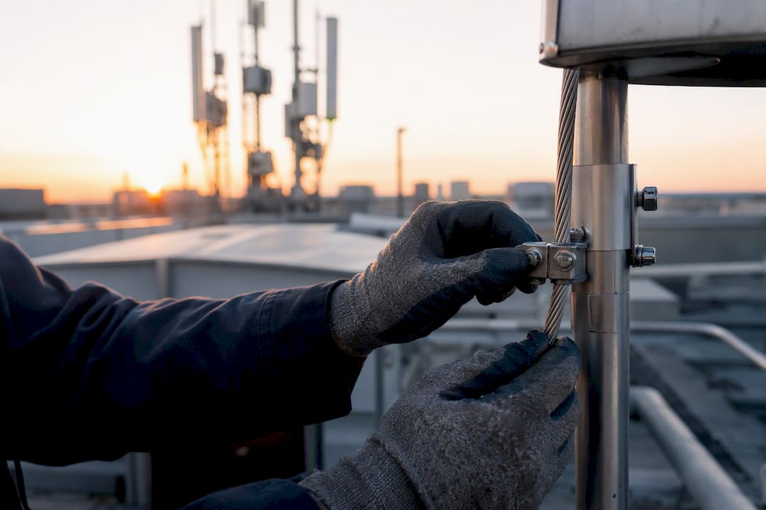 Technician installing surge protector clamp on rooftop