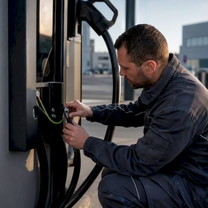 Technicien en train de brancher le câblage d'une borne de recharge pour véhicule électrique