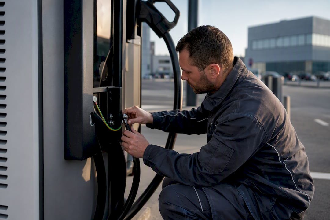 Technicien en train de brancher le câblage d'une borne de recharge pour véhicule électrique